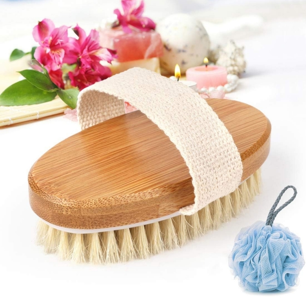 NWT Bamboo Bath Body Brush with Loofahs Sponge